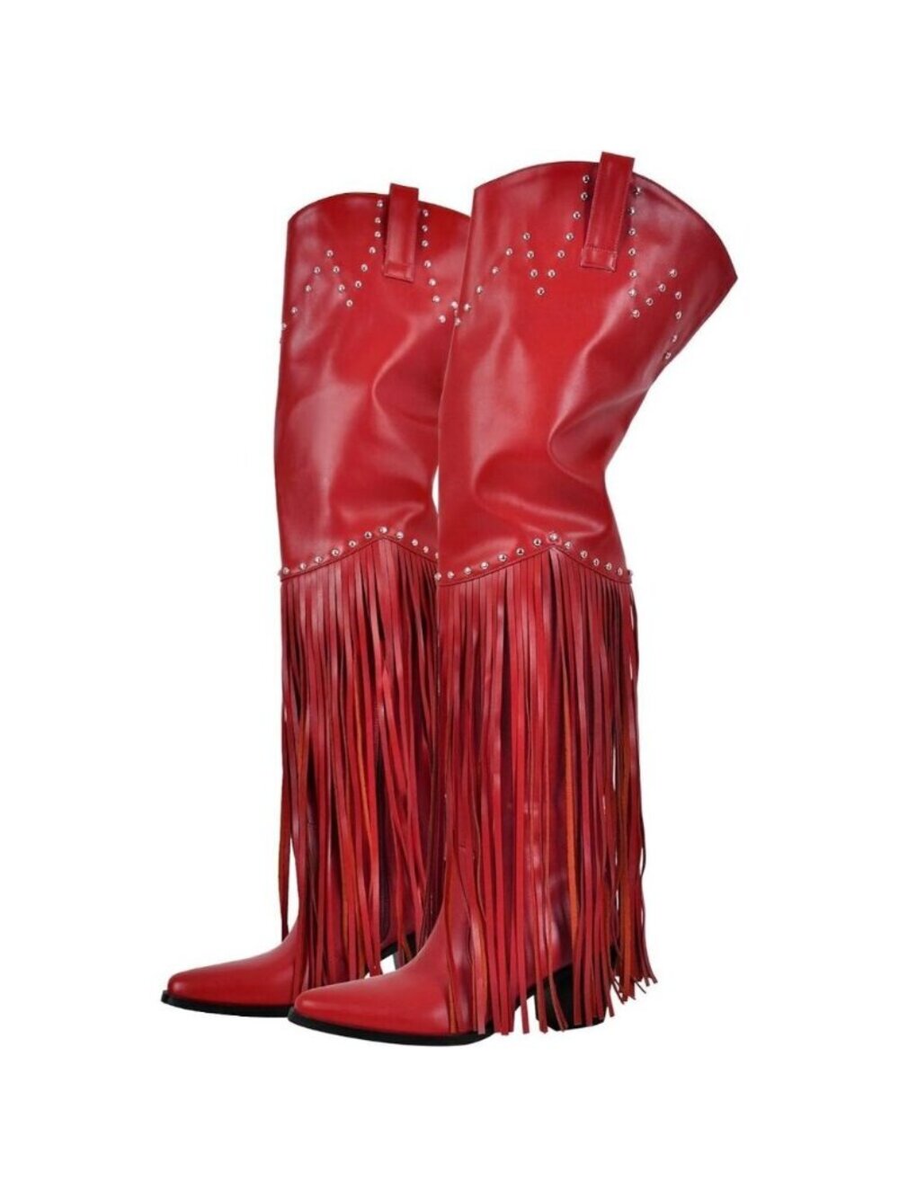 Women's Red Fringe Thigh High Boots with Tassels Wide Calf Over Knee Cowboy Boot